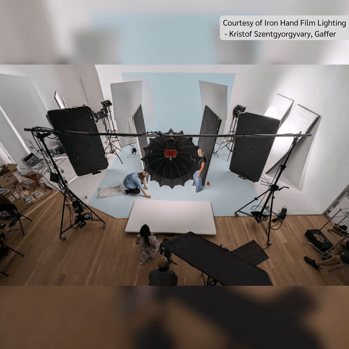 A photography studio setup featuring Grip Rail, lighting equipment, and crew preparing for a shoot.