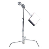 5" Pocket C-Stand with adjustable height and mounted light, ideal for product photography and tabletop shoots.