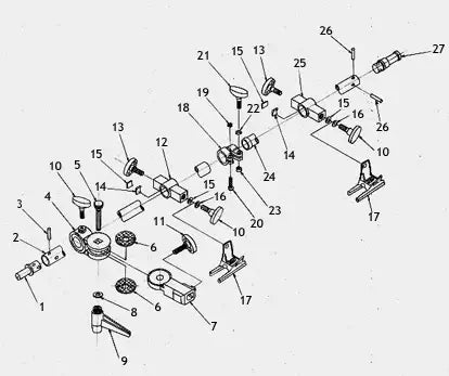 exploded diagram of mechanical assembly components with numbered parts labeled