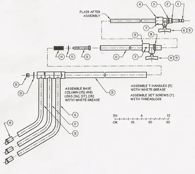 Technical assembly diagram showing instructions for assembling a multi-part device with labeled components and measurements.