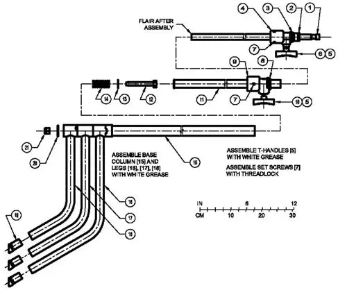 Assembly diagram showing the process for assembling base columns, legs, and T-handles with grease and set screws with threadlock.