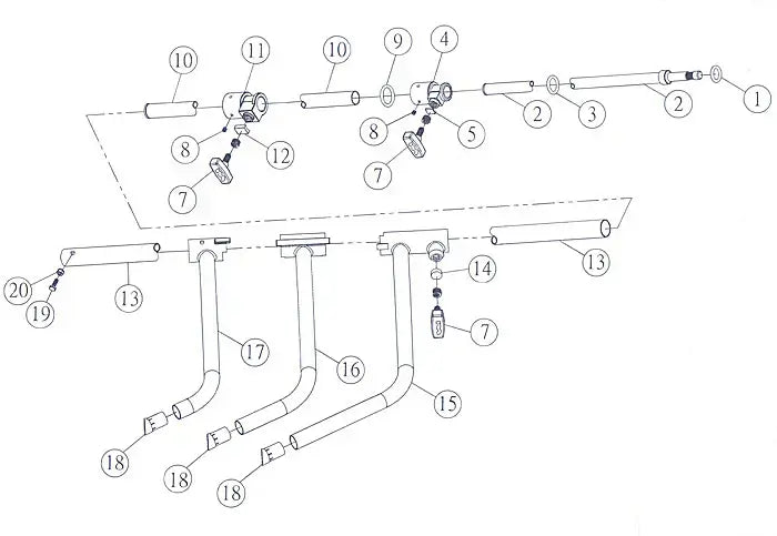 Exploded view of plumbing system with labeled components and numbered parts, illustrating assembly and installation process.