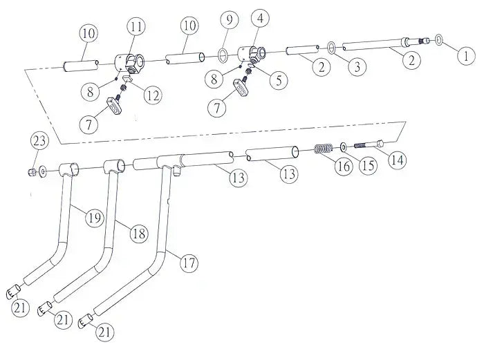 Exploded diagram of plumbing parts, showing pipes, connectors, valves, and hardware components with numbered labels.