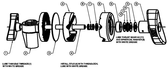 "Exploded diagram of mechanical assembly with labeled components and grease application instructions."