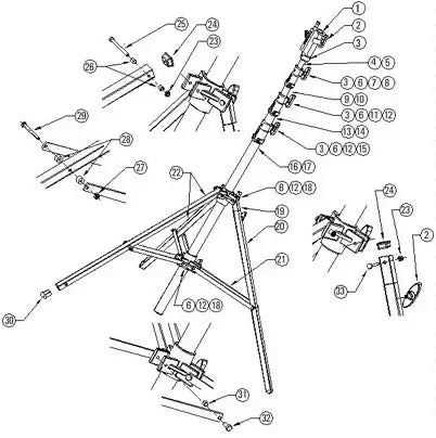 Diagram showing detailed components of a tripod stand with numbered parts for assembly.