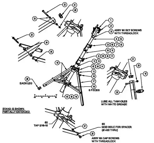 Technical diagram of a stand assembly with labeled components, including legs and screws, partially extended for detailed instructions.