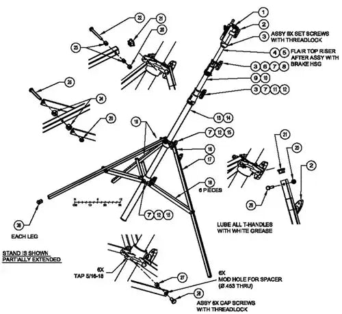 Diagram showing assembly instructions for a tripod stand, detailing screws, risers, and handle lubrication points.