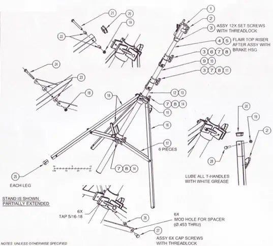 Technical diagram of a tripod stand assembly with labeled parts and instructions for setting screws, spacers, and grease application.