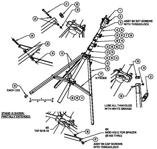 Diagram illustrating assembly instructions for a tripod stand with labeled components and screw placements.