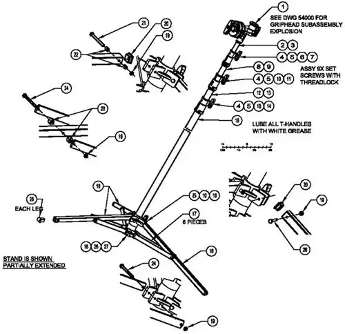 Diagram showing detailed assembly of a telescopic stand with labeled components and instructions for setup and lubrication.