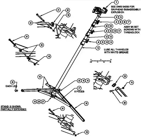 Detailed assembly diagram of a grip head subassembly with labeled parts and instructions for proper setup and maintenance.