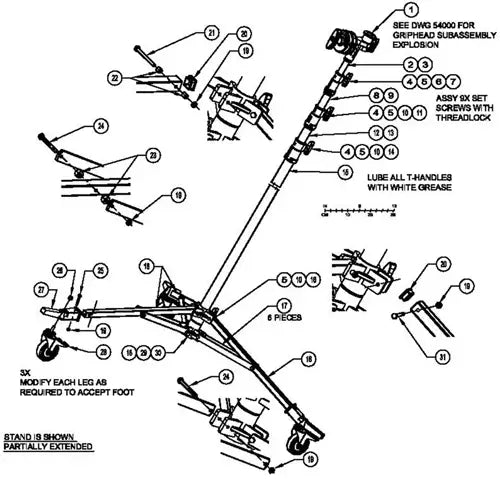 Detailed diagram of an extendable mechanical stand with labeled components, including screws, wheels, and assembly instructions.