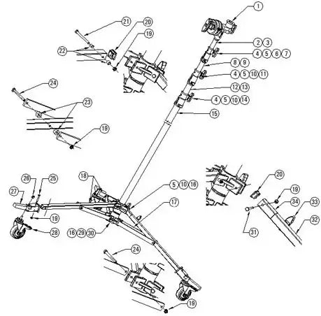 Diagram of a mechanical assembly with numbered components and sections showing various parts and connections.