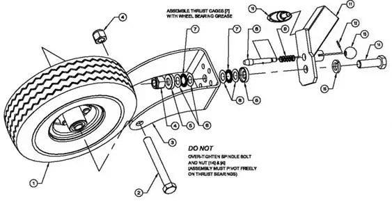 Exploded diagram of wheel assembly with thrust casing and detailed part labels.