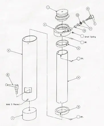 Exploded view diagram of mechanical assembly showing cylindrical components and labeled parts, including small spring and welding points.