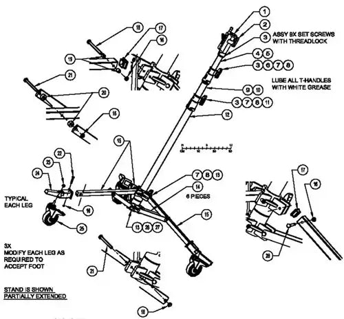 Diagram illustrating assembly instructions for a mechanical stand, showing labeled parts and steps for setup and modification.