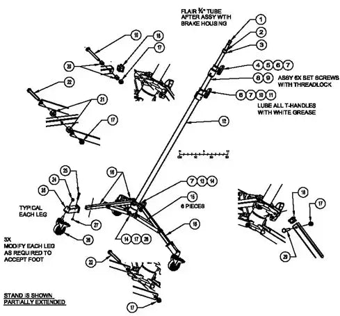 Illustrated guide for assembling a collapsible stand with labeled parts and instructions for extension and maintenance.