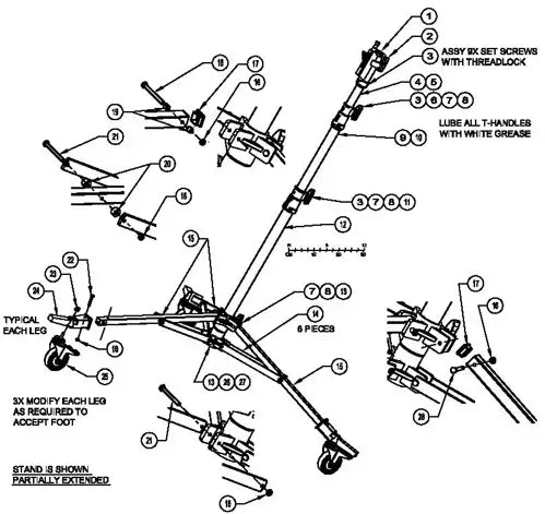 Diagram of a partially extended stand with labeled components, including set screws, T-handles, and legs, for assembly instructions.