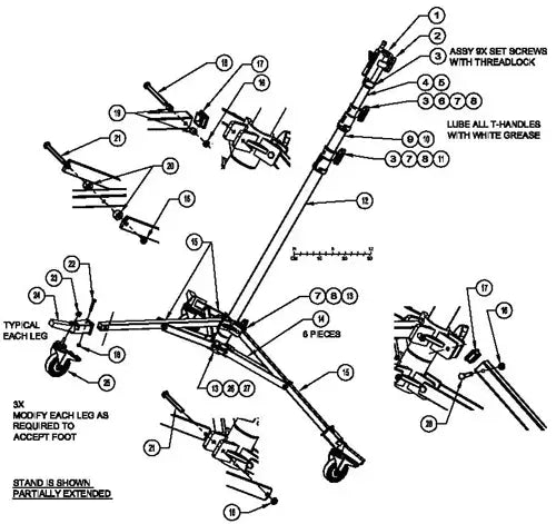 Detailed diagram of adjustable stand with labeled parts including T-handles, set screws, and wheels, partially extended view.