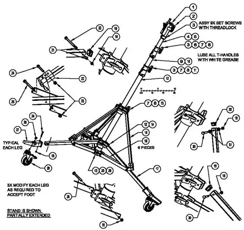 Diagram illustrating parts and assembly steps for a stand, featuring detailed instructions and labeled components.