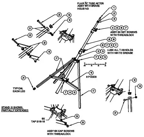 Diagram of an assembly guide featuring labeled parts and instructions for constructing a stand with extended legs.