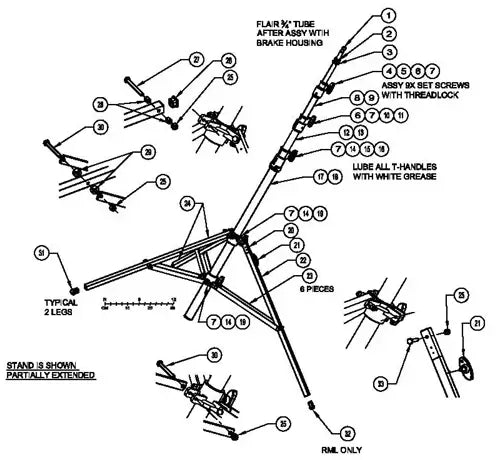 Diagram of an assembly stand with labeled instructions and components, showing partially extended structure and detailed mechanisms.