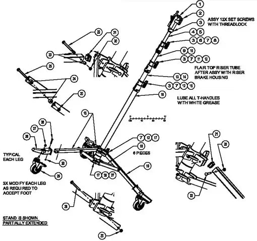 Diagram of an assembly with labeled parts, instructions for set screws, riser tube, and handle lubrication.