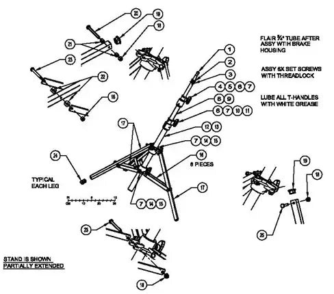 Detailed diagram of a partially extended mechanical stand with numbered components and assembly instructions.