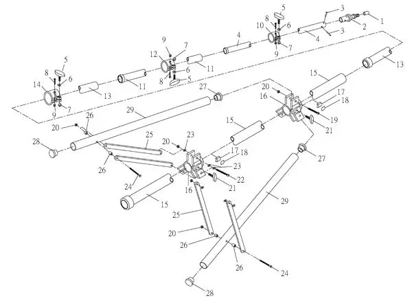 Exploded view diagram of a mechanical assembly with numbered components and connecting rods.