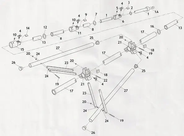 Exploded diagram of a mechanical assembly with numbered parts and labeled components for detailed illustration.