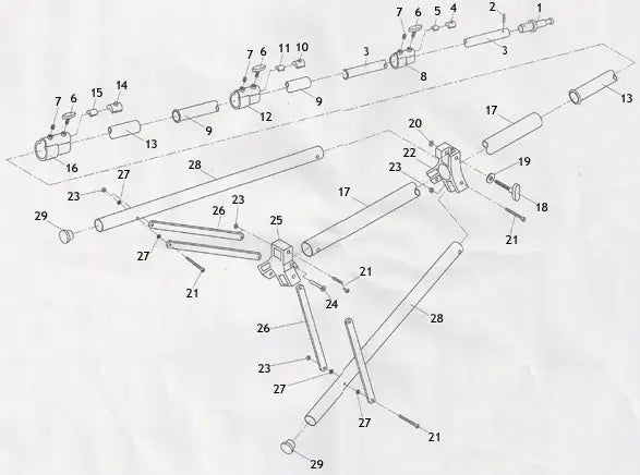 Exploded diagram of a bicycle stand showcasing assembly parts and their arrangement.