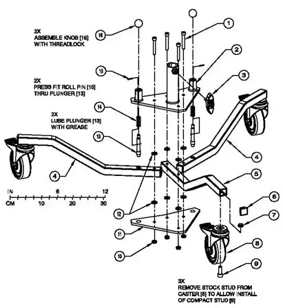 Technical diagram of parts for assembling a caster with measurements and assembly instructions.