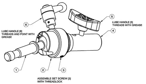 Diagram of a lube handle assembly with labeled parts, including threads, set screw, and grease application points.