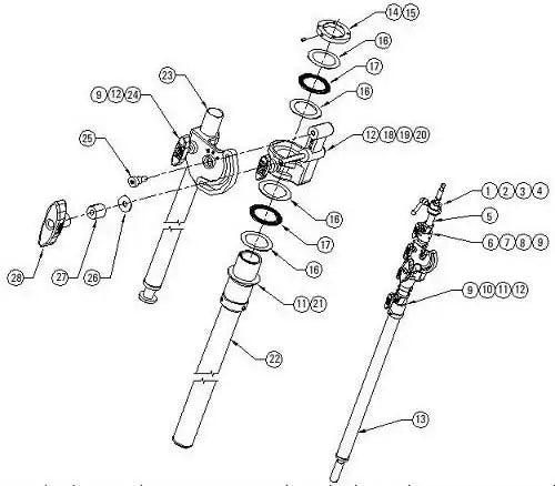 Exploded view diagram of motorcycle fork components with numbered parts for assembly reference.