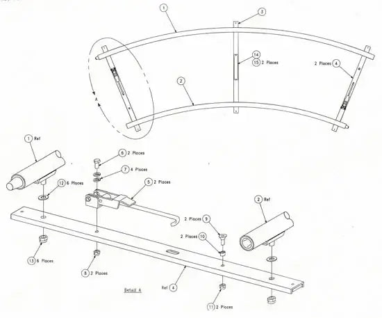 Assembly diagram of a curved metal structure with labeled parts and quantities, including screws and brackets, for construction guidance.