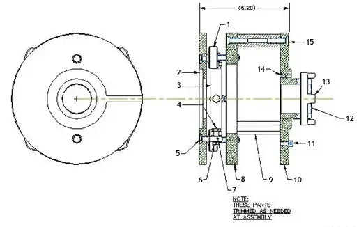 Technical mechanical assembly drawing with labeled components and dimensions.