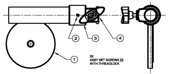 Diagram of mechanical assembly with labeled parts including set screws and threadlock mechanism.