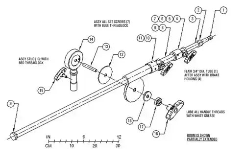 Diagram of an assembly line with labeled components, including screws, tubes, and lubricant instructions for partial extension.