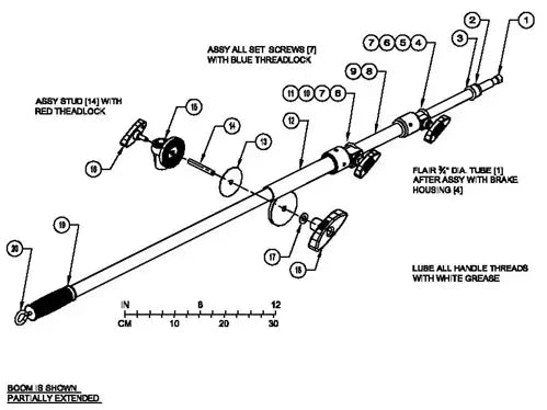 Mechanical diagram of an extendable boom assembly, detailing components like set screws, threadlocks, and lubrication points.