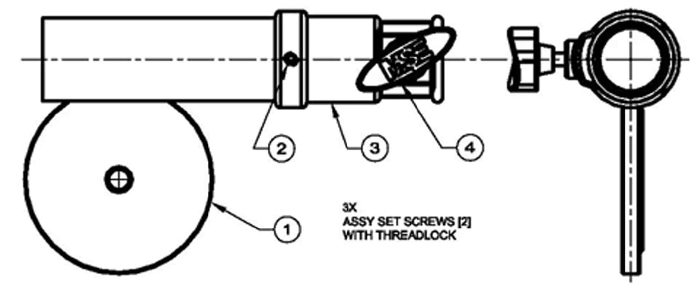 Technical diagram of assembly with labeled parts and instructions for using set screws with threadlock.