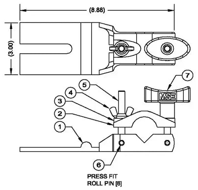 Technical drawing of a mechanical component with labeled parts and dimensions, featuring a press-fit roll pin and MSE marking.