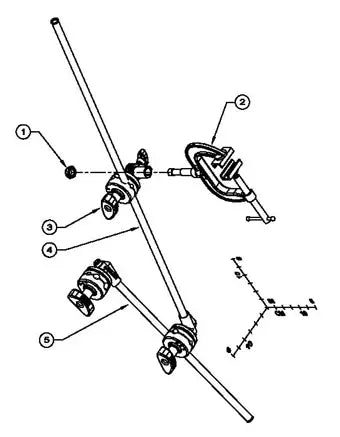 Diagram of mechanical components, including labeled parts and assembly instructions for a system with rods and connectors.