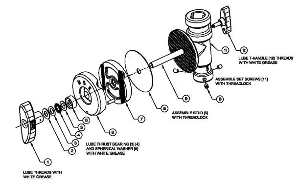 Exploded view of a mechanical component showing assembly instructions with labeled parts and lubrication guidance.