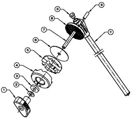 "Exploded view diagram of mechanical components with numbered parts and a rod assembly"