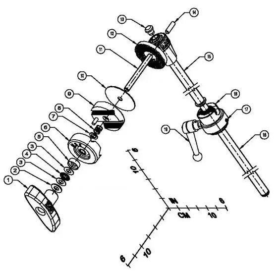 Exploded technical diagram of a mechanical assembly with numbered parts and axis labels.