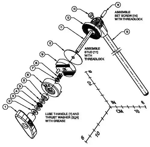 Exploded view diagram of an adjustable wheel assembly detailing parts and assembly instructions with measurements in inches and centimeters.