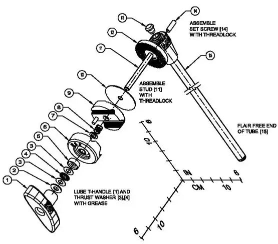 Exploded diagram of an assembly showing parts labeled 1 to 15, including a handle, stud, set screw, and instructions for assembly.