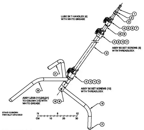 "Illustrated assembly diagram of stand with labeled screws and handles, showing grease and threadlock instructions for assembly."