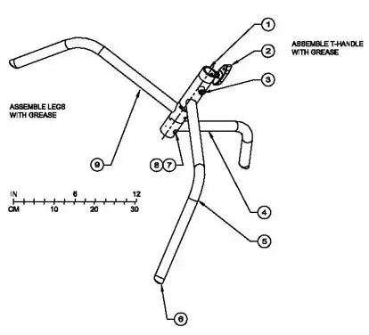 Diagram illustrating assembly instructions for T-handle and legs with grease, featuring numbered parts and measurement scale.