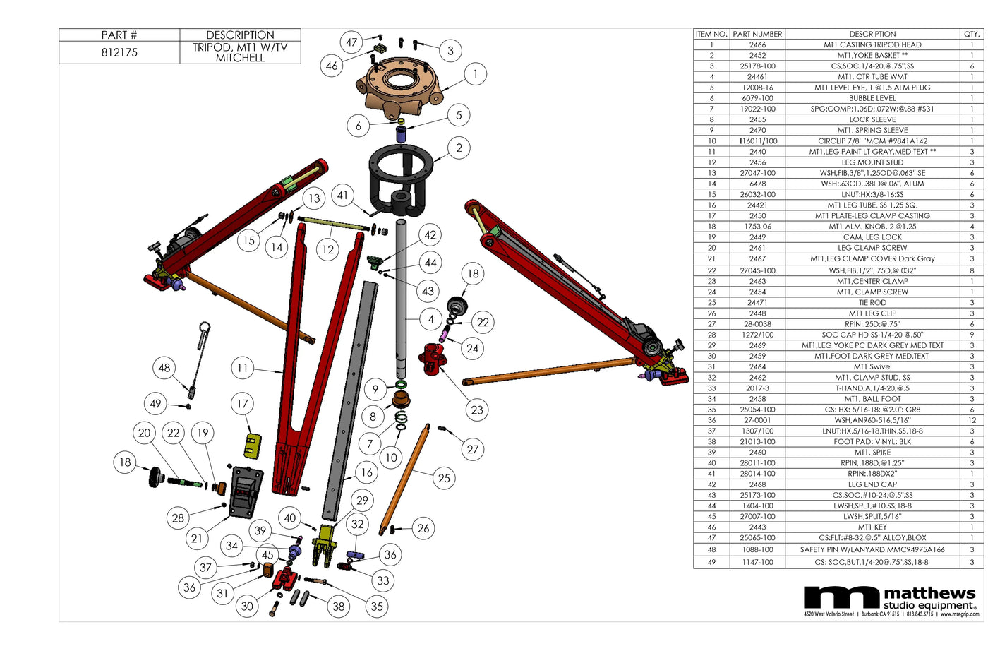 "Exploded parts diagram of Matthews studio equipment model 821275 with detailed numbering and item list for assembly reference."